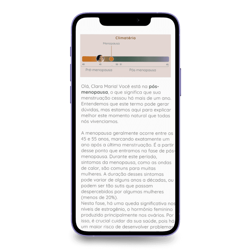 Tela do app indicando a fase atual do climatério da usuária